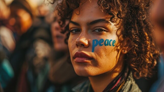 Close-up of woman activist protesting in the street. Female activist protest against war. On her face is written peace