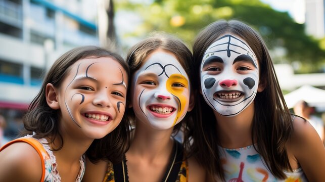 Street portrait of three sisters or friends with face make-up for carnival festive event, Shrove Tuesday festival or school fair occasion, a time to party and have fun, dressed-up and wearing costumes