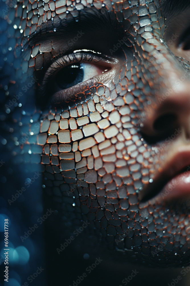Aufkleber Close-up of a person immersed in an exploration of abstract patterns resembling the elegance of digital neural networks, capturing the sophisticated and precise qualities of AI design.