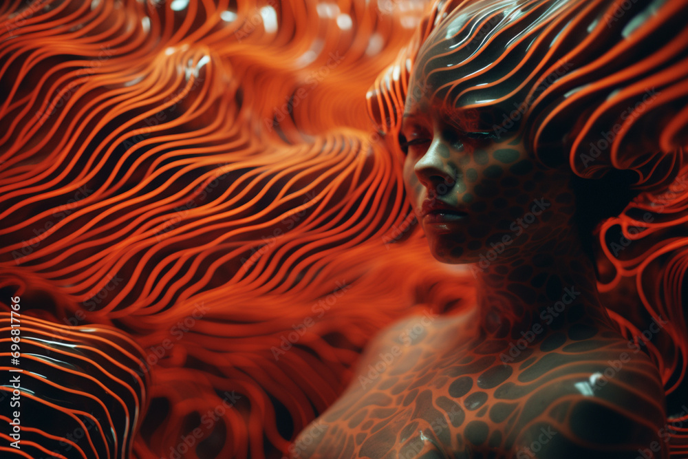 Poster abstract patterns resembling an algorithmic symphony enveloping a person in an exploration, capturin