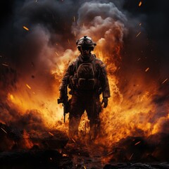Obraz premium A military man in camouflage uniform with a weapon in fire and smoke. Lone armed soldier in a fire. War and fiery flames from an explosion. Surviving soldier. The military man is in danger.