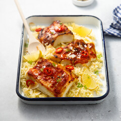 Roasted white fish with chili sauce and couscous