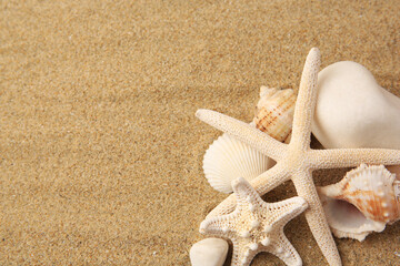 Fototapeta na wymiar Beautiful sea stars, shells and stones on sand, above view. Space for text