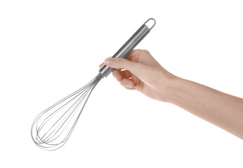 Woman holding metal whisk on white background, closeup