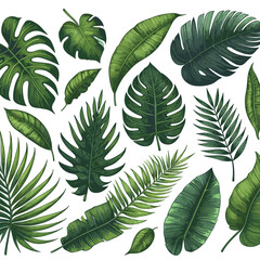 Collection of exotic tropical leaves: Rhopalostylis, Rhapis, Areca, Schefflera, fern. Hawaiian plants set. Vector elements isolated on a white background. Realistic botanical illustration.
