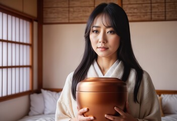 asian woman at home sadly looking at urn with ashes - obrazy, fototapety, plakaty