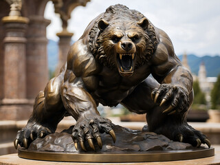 Bronze statue of a muscular and powerful bear - obrazy, fototapety, plakaty