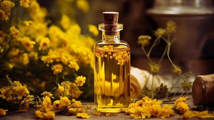 Immortelle essential oil in a bottle. 