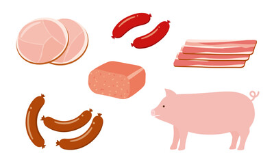 かわいい豚肉を使用した加工肉のイラストセット_processed pork products - obrazy, fototapety, plakaty
