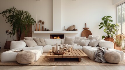 Minimal, modern, elegant, neutral, cozy and white bohemian, boho living room with a sofa and plants. soft earthy colors. Great as interior furniture decoration design inspiration.