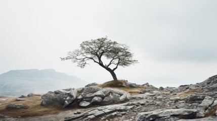 lone tree stands amidst rocky terrain under a cloudy sky, embodying solitude and resilience in a harsh yet serene landscape.