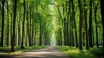forest path surrounded by tall green trees under a bright sky, offering a peaceful and natural environment for walking or relaxation