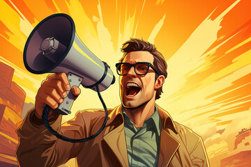 Illustration of a Caucasian young handsome guy protesting in the center of demonstrators and shouting slogans into a megaphone.