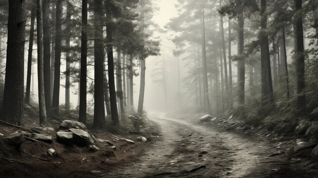 Misty forest path with pine trees and filtered light