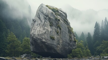 A large boulder in a misty forest setting surrounded by green trees under a cloudy sky - obrazy, fototapety, plakaty