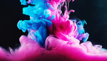abstract colorful pink and blue dye in water on dark background.
