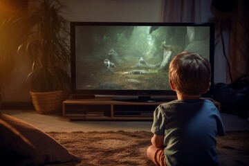 Little boy watching a TV at home, back view. AI generative - obrazy, fototapety, plakaty