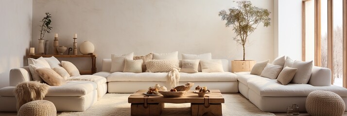 Fototapeta na wymiar Elegant modern, luxury, neutral, cozy and white bohemian, boho living room with a sofa and plants. soft earthy colors. Great as interior furniture decoration design inspiration.