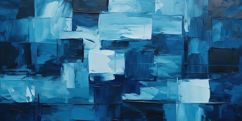 Closeup of abstract rough dark blue black art painting texture, with oil acrylic brushstroke, pallet knife paint on canvas, geometric spatula technique with rectangles