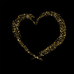 Obraz premium Confetti with gold glitter in the shape of a heart on a black background. Shiny particles and sand are scattered. Decorative element, golden heart. Luxury holiday background, vector