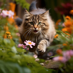 Naklejka na ściany i meble Beautiful little cat running in the garden