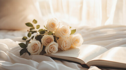An open book with a bouquet of flowers on messy bed. Cozy morning, sunshine. Light colour palette. Generative AI