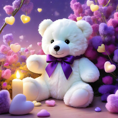 A pleasant white teddy bear among a magical landscape of flowers and hearts. The adorable face and soft fabric make it perfect.