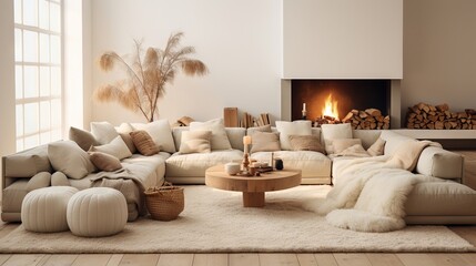 Elegant modern, luxury, neutral, cozy and white bohemian, boho living room with a sofa and plants. soft earthy colors. Great as interior furniture decoration design inspiration.