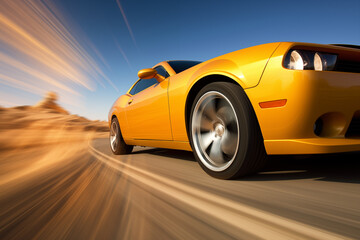 Fototapeta na wymiar Speed sport car in motion on countryside highway. Generative AI