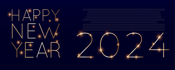 Happy new 2024 year. Elegant gold text with light. Minimalistic text template.	
