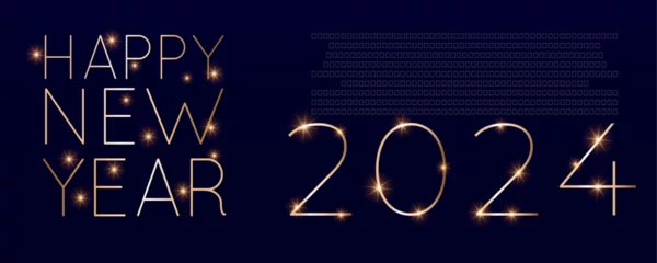 Fotobehang Happy new 2024 year. Elegant gold text with light. Minimalistic text template.   © Яна Молодец