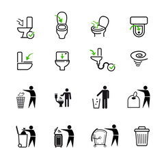 Flush toilet icon set. The outline icons are well scalable and editable. Contrasting elements are good for different backgrounds. Ideal for use in design, packaging, etc. EPS10.