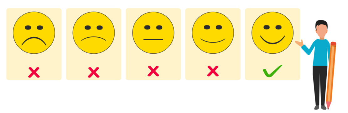 Customer satisfaction,feedback,appreciation,positive or quality service rating idea concept.young man giving positive smile feedback.