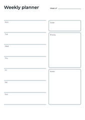 minimalist planners. Weekly planner template. Clear and simple printable to do list. Business organizer page. Paper sheet. Realistic vector illustration. 