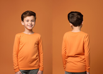 Front and back views of a little boy wearing an orange color long-sleeve T-shirt