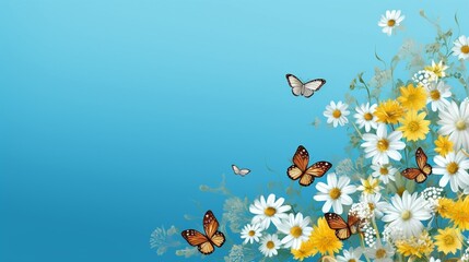 yellow and white daisies and butterflies on a blue background, space for text