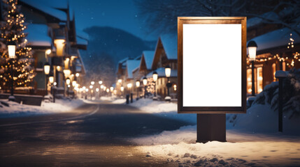 Mockup of an interactive screen in winter outdoors in the evening. Template of an empty information billboard. Christmas mood. City banner on the sidewalk - obrazy, fototapety, plakaty