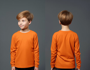 Front and back views of a little boy wearing an orange color long-sleeve T-shirt
