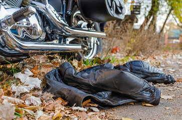 leather jacket of biker and classic motorcycle chopper