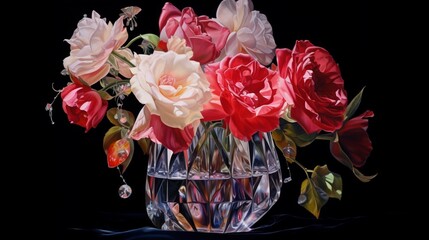 A cluster of roses ensconced within a crystal vase, refracting light into a dazzling display