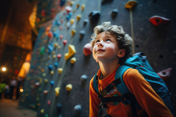 Child boy on a climbing wall. Climbing training - obrazy, fototapety, plakaty