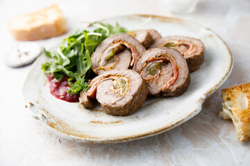 Beef roulade with bacon and gherkins