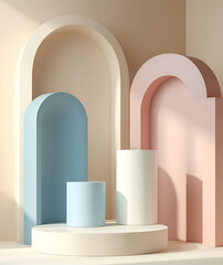 Set of beige, blue, soft pink and white realistic 3d cylinder pedestal podium in pastel colorful abstract rooms. Vector rendering geometric forms. Minimal wall scene. Stage showcase, Product display.