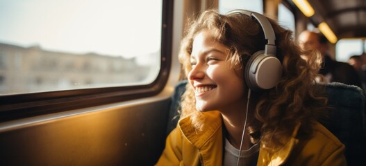 Young woman enjoying music on headphones during train journey. Travel and leisure. - obrazy, fototapety, plakaty