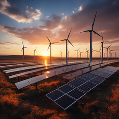 View of a solar panel farm at sunset with wind farm turbines in the background