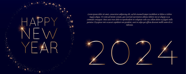 Fototapeta na wymiar Happy new 2024 year. Elegant gold text with light. Minimalistic text template. 