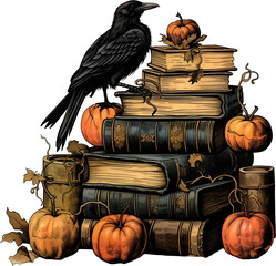 Vintage apothecary illustration of raven book and pumpkins for witches work.
