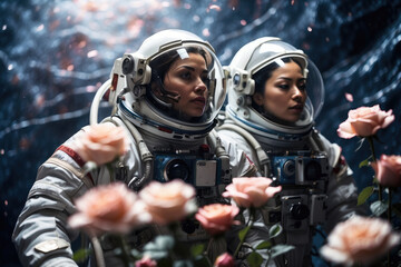 loving couple astronauts celebrating valentine's day on a distant planet exchanging a rose