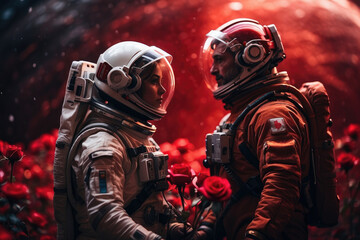 loving couple astronauts celebrating valentine's day on a distant planet exchanging a rose