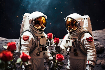 loving couple astronauts celebrating valentine's day on a distant planet exchanging a rose